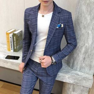 2 stuks pakken set mannen koreaanse stijl ontwerp mode mannelijke plaid blazers jas broek lente slim fit trouwjurk jas broek x0909