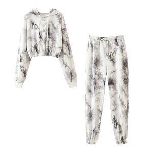 2 stuks Tie Dye Trekkoord Dames Sets Lange Mouw Crop Hoodies + Lace Up Broek Vrouwelijke Streetwear Pak Herfst Dame Trainingspak Set LJ201117