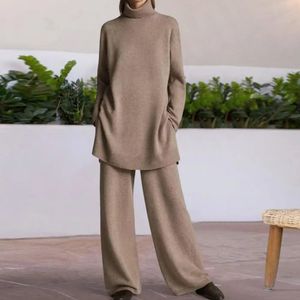 Ensemble 2 pièces pour femmes, survêtement tricoté, pull à col roulé et pantalon de Jogging à jambes larges, costume 240124