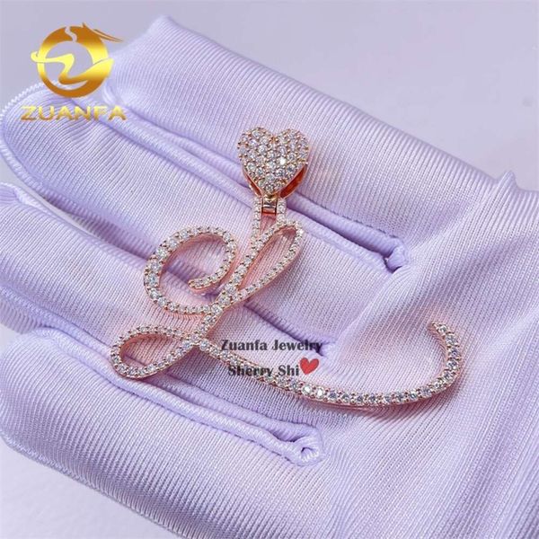 Pendentif lettre initiale personnalisé plaqué or Rose de 2 pouces de largeur sur Sier Vvs Moissanite avec caution en forme de cœur