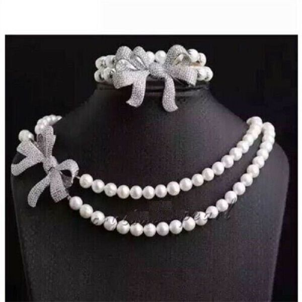 Collier de perles blanches Akoya, 2 rangées de 78mm, Bracelet de 18 pouces, belle bague à boucle 758, 231225