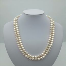 2 rijen Mooi AAA + 7-8mm Natuurlijke Witte Parel Ketting 17-18 Inch 14K, 100% Natuurlijke Pearl Necklace B1204