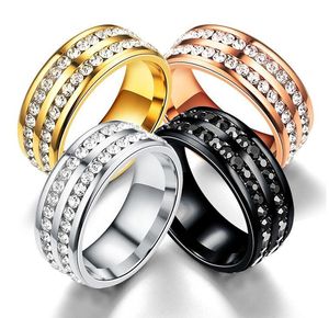 2 rangées bague en cristal en acier inoxydable bagues bagues de mariage pour femmes hommes mariée mode mariage bijoux de mode