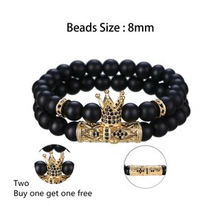 2 Set armbanden - Matte Black Onyx 8mm Crown Men and Women Tattoo Persoonlijkheid Vriendschap Gift Bracelet