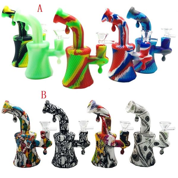 2 style 5,1 pouces Mini tuyau d'eau en silicone bong Incassable Cartoon Impression Silicone Dab Oil Rig Percolateurs Perc Amovible Droite Avec