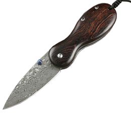 2 Style Couteau de pliage de poche EDC Damascus Blade en acier Ebène / Poignée en palissandre avec gaine en cuir H5381