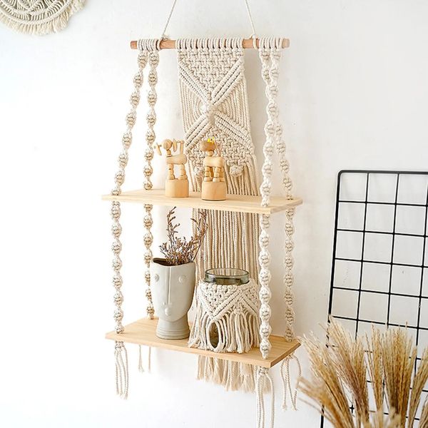 Étagère murale flottante suspendue en macramé à 2 niveaux, corde en coton naturel, style Boho, décoration de maison, bougeoir en bois, 240219