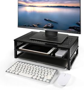 Support de moniteur à 2 niveaux, support d'organisateur de bureau en métal avec ventouse antidérapante pour ordinateur portable, ordinateur, iMac, PC, imprimante, noir