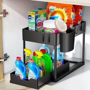 2 Tier Under Sink Organizer Sliding Cabinet Basket Storage Rack with Hooks Hanging Cup Bathroom Kitchen 231228