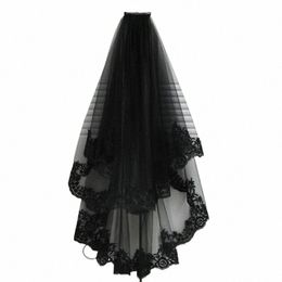 2-laags vrouwen Halen cosplay kostuum zwarte mantilla bruiloft sluier borduurwerk bloemen kanten pure tule haaradministraties met y6ie#