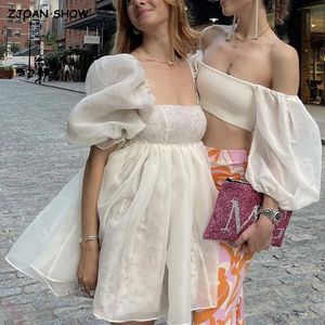 2 façons de porter en mousseline de soie imprimé floral épissé organza robe de bal robe manches bouffantes rétro femmes swing robes courtes robes de fée 240321