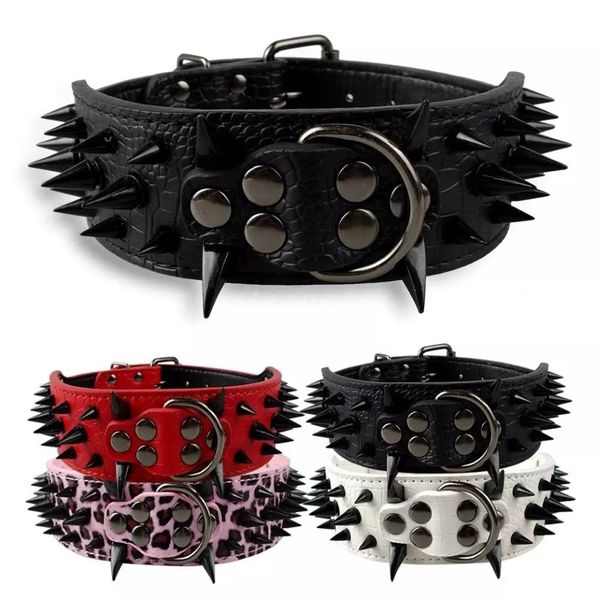 2 collares anchos y afilados de cuero con tachuelas para perros Pitbull Bulldog Collar para perros grandes ajustable para perros medianos grandes Boxer S M L 2229