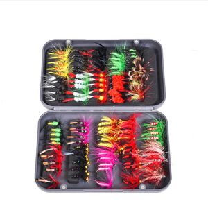 20-100 stks / doos handgemaakte vlieg vissen lokt droge flyfishing flies kit Wetflies Streamer Nymph Emerger met waterdichte doos