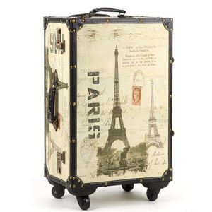 20,14 inch Retro Trolley Case, Spinner Wheel, Leather, Eiffeltoren, Waterdichte, Shock Reiskoffer, Rolling Bagage Bag Kaarthouders Business ID Houder Travel