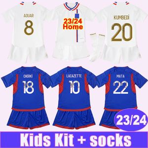 2023 24 Lacazette Cherki Kit enfants Jerseys de football Mata Tagliafico Caqueret Accueil Blanc Away TOLISSO Chemise de football Uniformes à manches courtes