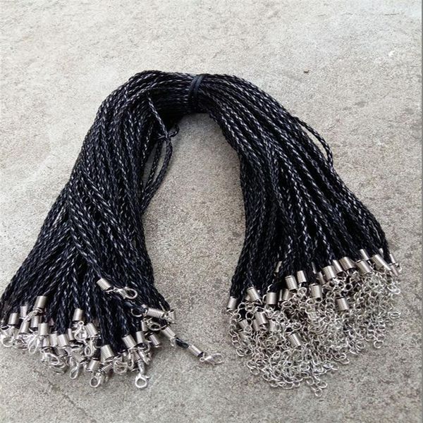 Cordones trenzados de cuero PU negro para collar, 20 '', 22'', 24'', 3mm, con cierre de langosta para joyería artesanal DIY 307R