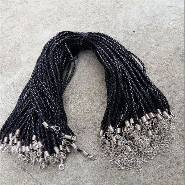 Cordones trenzados de cuero PU negro para collar, 20 '', 22'', 24'', 3mm, con cierre de langosta para joyería artesanal DIY 347P