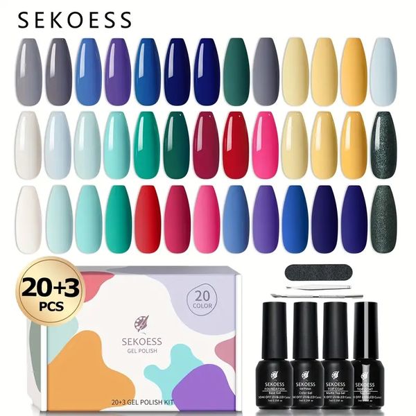 Kit de 20+3 piezas de esmaltes de uñas en gel - Primavera/Verano Elegante gris, verde oscuro, rojo, amarillo, azul, brillo blanco - ¡Perfecto para regalos navideños!