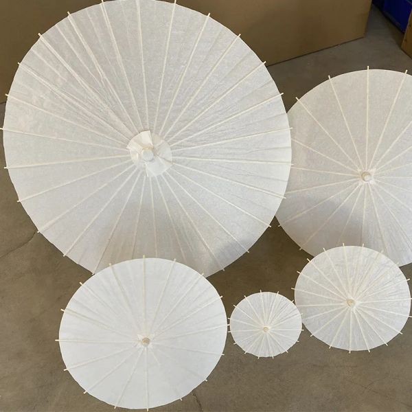 Parapluie en papier artisanal chinois 20/30/40/60cm/84cm, accessoire de photographie de mariage, décor de fête, Parasol en papier blanc à Long manche LL