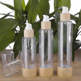 Conteneurs d'échantillons cosmétiques en bambou de 20/30/50/80/100/120ml, bouteilles à pompe sans air sous vide pour émulsion et Lotion F2687