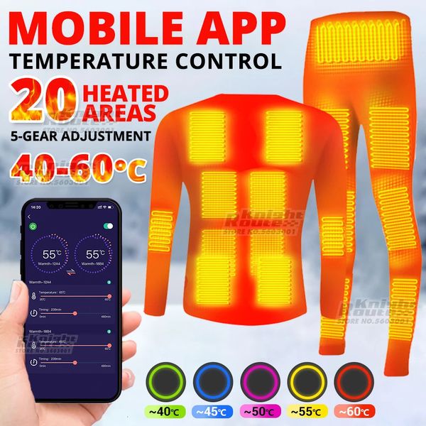 20 zones chauffées sous-vêtements thermiques moto vestes chauffantes hommes femmes USB chauffage chaud téléphone électrique intelligent APP contrôle hiver 231226