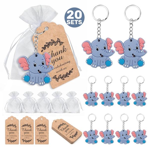 20 bébés accueillent la fête pour rendre des cadeaux, différentes couleurs de porte-clés bébé éléphant + sac de sable dur transparent +