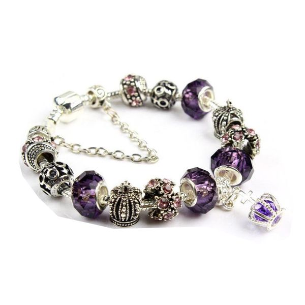 20 cm Bracelet à breloques 925 argent Pan Bracelets pour femme couronne royale Bracelet violet perles de cristal bijoux à bricoler soi-même