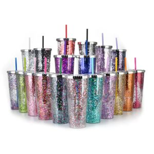 20 couleurs ! Gobelet à paillettes en plastique de 24 oz avec couvercle et paille Gobelet isolé à double paroi Tasse Spipy Tasses de voyage Tasse d'eau Tasse réutilisable Stock CG001