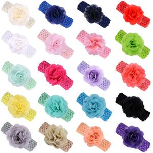 20 couleurs 8 CM à la main en mousseline de soie Rose fleur bandeau élastique bébé filles Crochet bandeaux tricoté chapeaux accessoires de cheveux