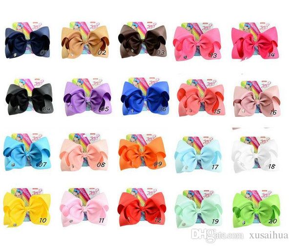 20 couleurs mélangées 8 pouces grand arc Jojo avec carte tissu ruban polyester pince à cheveux bébé fille bowknot épingle à cheveux accessoires pour enfants