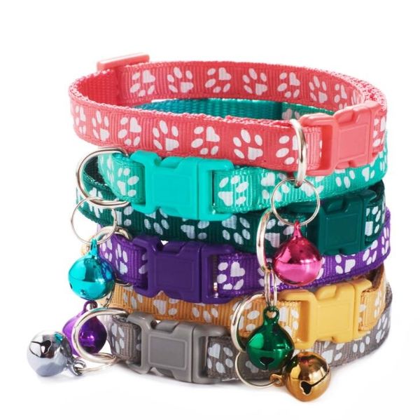 20 colores Collares para perros para mascotas Collar de campana de nylon suave Collar de gatos de cachorro separable ajustable con campanas Bling Paw Impreso gato Correa para el cuello Suministros para mascotas Decoración