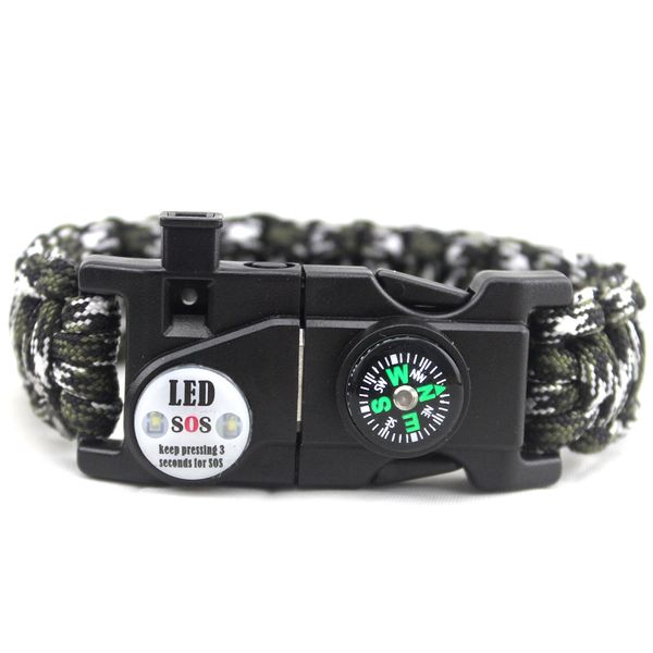 20 en 1 sos led Multi fonction Rock Protection étanche Survival Paracord Bracelet 4mm Urgence Camping Randonnée outils Outdoor First Aid Kits camouflage