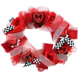 Couronne de ruban de 20 pouces pour la Saint-Valentin Roses, nœuds et cœurs scintillants Décoration de porte ou de mur suspendue festive FF020VTWR002-0RED