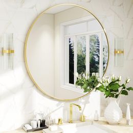 Espejo redondo de 20 pulgadas, espejo circular con marco de metal dorado, espejo de pared para entrada, baño, tocador, sala de estar, espejo circular dorado