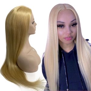 20 inch Indian Maagdelijk Menselijk haar Blond Kleur #613 Zijdeachtig Recht 150% Dichtheid Volledig Kant met PU-omtrekpruik voor zwarte vrouw