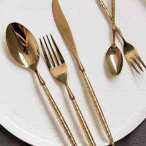 20 Stuks Servies Set Westerse Stijl Mes Vork En Lepel Tafellamp Luxe Goud Gehamerd Patroon Bestek 240106