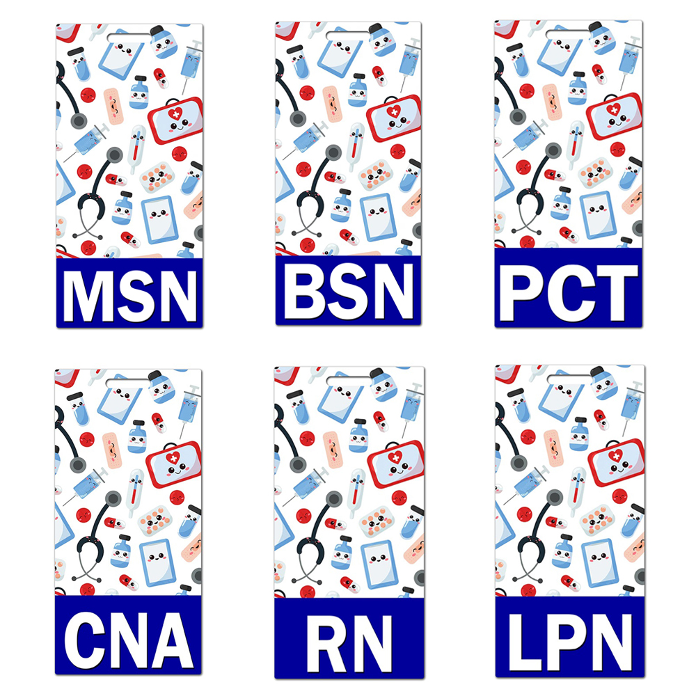 20 st / parti anpassade tillbehör Medicinsk tecknad design Vertikal namn Tag PVC Materialnamn Badges RN CNA LPN PCT Badge Buddy för sjuksköterska gåva