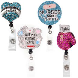 20 PCS/Lot Fashion Key Rings Mix Style LVN Breast Cancer Awareness Ribbon Fight Rhinestone Badge Reel voor zorgverleners accessoires