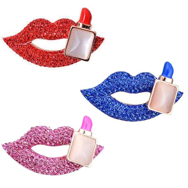 20 pc's/lot mode dames broche roze/rode/blauwe strass lip sexy kus lippenstiftbroches pin