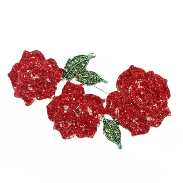 20 unids/lote, precio al por mayor, alfileres para mujer, flor rosa de diamantes de imitación rojos con broches de hojas verdes para regalo/decoración de señora