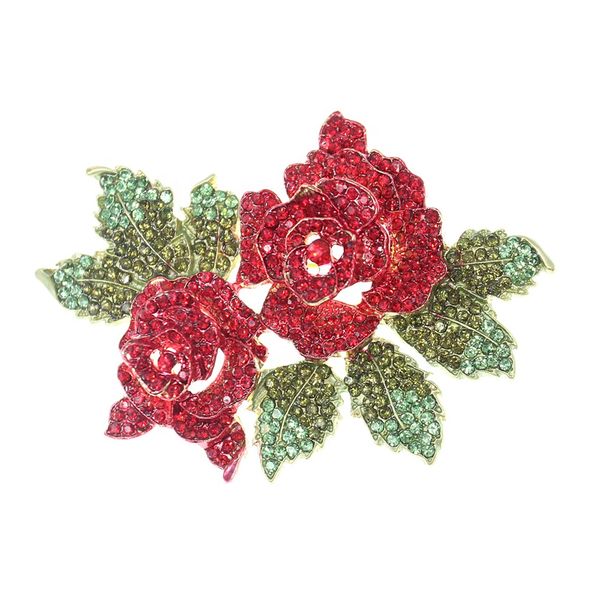 20 unids/lote, precio al por mayor, alfileres para mujer, flor rosa de diamantes de imitación rojos con broches de hojas para regalo/decoración de señora