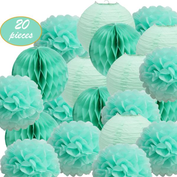 20 pcs décorations de balles en papier vert à la menthe set en papier suspendu boules en nid d'abeille de tissus et lanternes