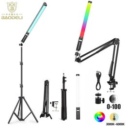 Baguette lumineuse portative 20 "50cm, Tube vidéo LED RGB, bâton de photographie avec trépied de batterie Rechargeable à gradation 231226