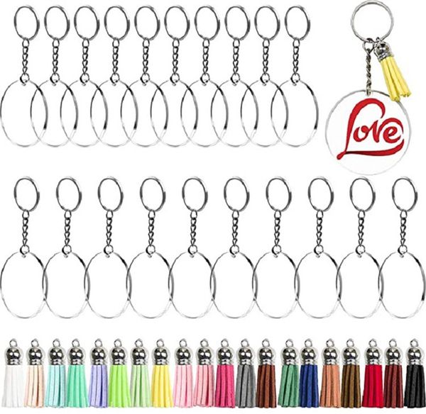 20 ensembles de porte-clés ronds en acrylique, disques circulaires transparents, ensemble de porte-clés à faire soi-même avec pendentif pompon