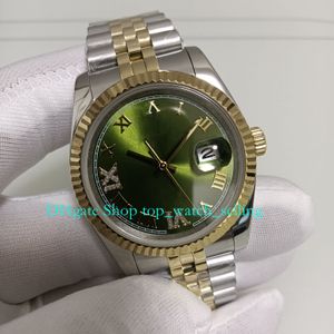 20 montres de style en or jaune 18 carats avec boîte pour hommes et femmes automatiques de taille moyenne, cadran en diamant romain vert de 36 mm, bracelet pour dames, montres-bracelets pour femmes