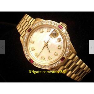 20 Style Casual Dress Mechanical Automatic 26mm Ladies 18K Yellow Gold President Watch White Mop Diamond Rubies300m