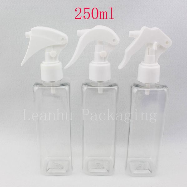 Botella pulverizadora de plástico cuadrada transparente vacía de 20X250ml, bombas de agua para flores, bomba pulverizadora de gatillo de botella de maquillaje transparente