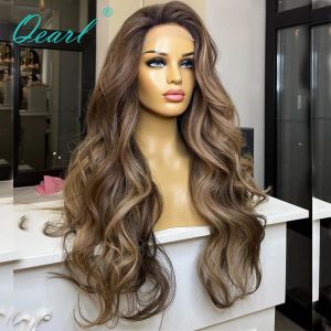 200 Dichtheid Hoogtepunten Bruine Wig Human Hair Glueless 360 Lace frontale pruiken voor vrouwen HD transparante lichaamsgolf synthetische pruik