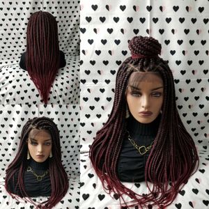 Perruque Lace Frontal Wig synthétique tressée rouge ombré avec Babyhair, tresses en boîte au Crochet, perruques synthétiques faites à la main pour femmes noires