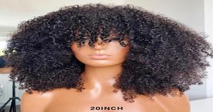 200 densité courte Afro Kinky Curly Remy Brésilien Brésilienne Perruques de cheveux avec une frange Perruque synthétique avant en dentelle Full pour femmes5110805